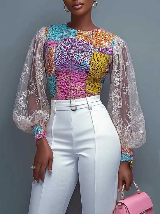 Elegant Color Block Printing Crew Neck Puff Sleeve Blouse