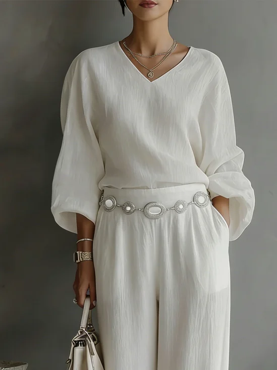 Cotton And Linen Casual Plain V Neck Cotton And Linen Blouse