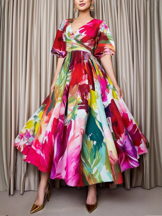 Elegant Floral Puff Sleeve Printing V Neck Midi Dress