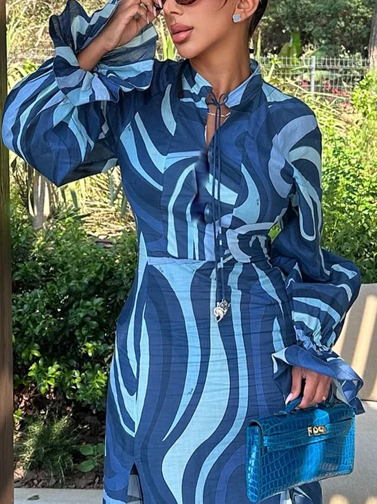 Vacation Random Print Printing Stand Collar Bell Sleeve Shirt