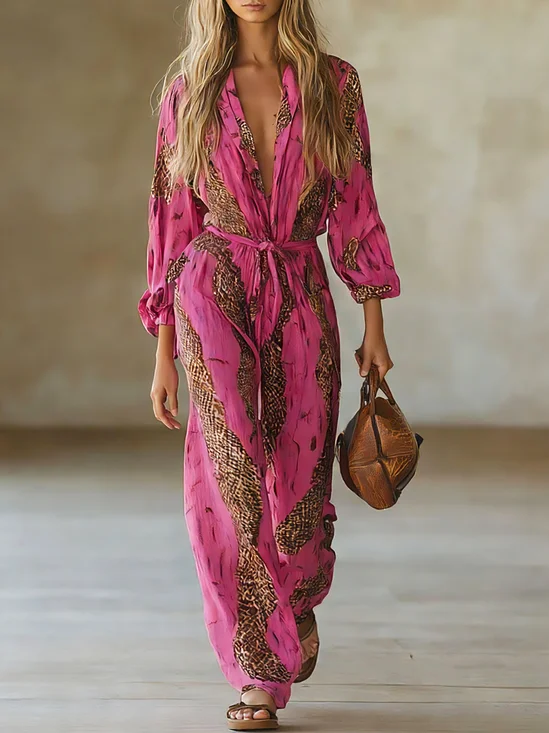 Casual Balloon Sleeve Printing Leopard Shawl Jumpsuit With Belt