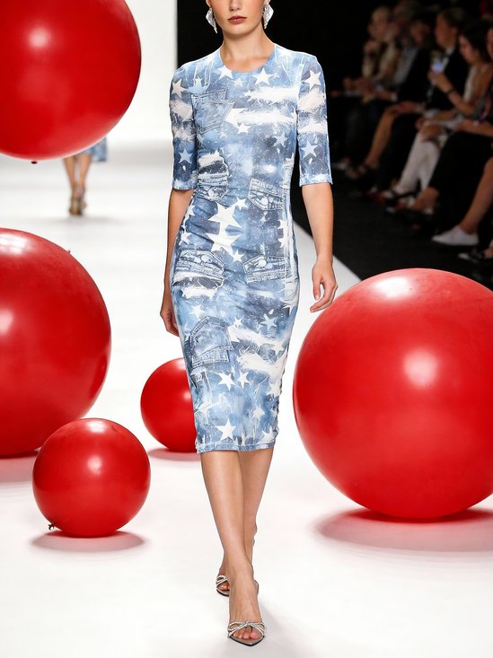 Casual 3D Print Crew Neck Knee-Length Shift Dress