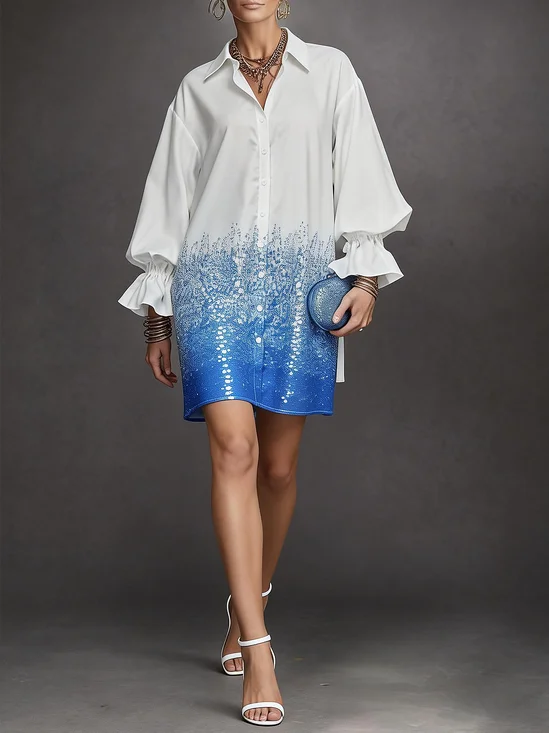 Versatile Gradient Blue Ombre Oversized Shirt Dress