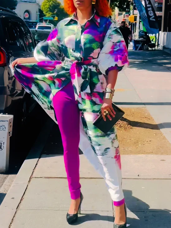 Urban Floral Printing Shirt Collar Half Sleeve Shirt With Belt