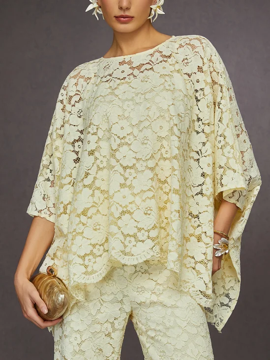 Elegant Romantic Lace Crew Neck Oversized Blouse