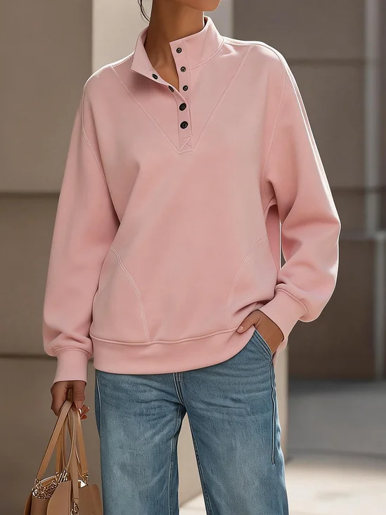 Casual Pink Half-Button Loose Fit Pullover Sweatshirt