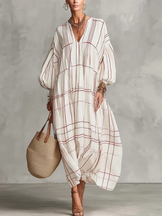 Vacation Plaid Raglan Sleeves V Neck Midi Dress