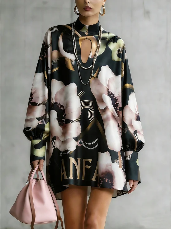 Elegant Floral Printing Stand Collar Mini Dress