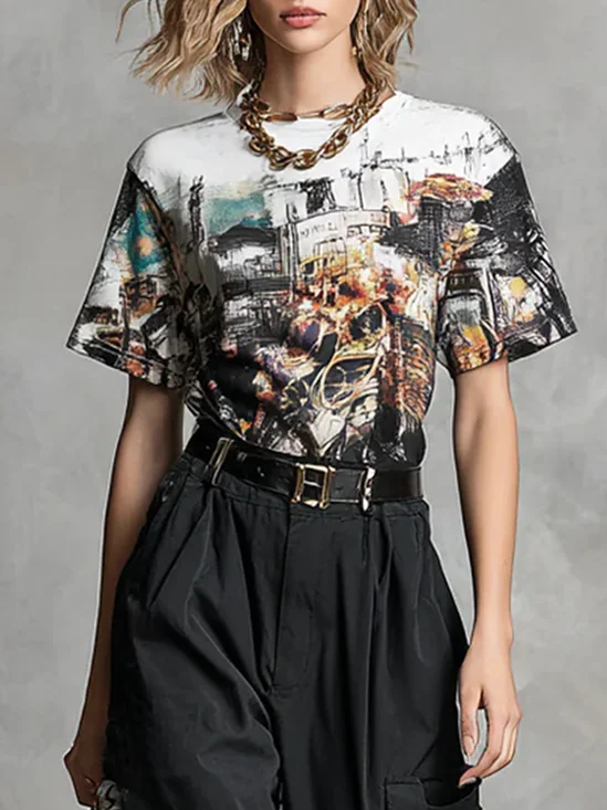Casual Abstract Printing Crew Neck  T-shirt