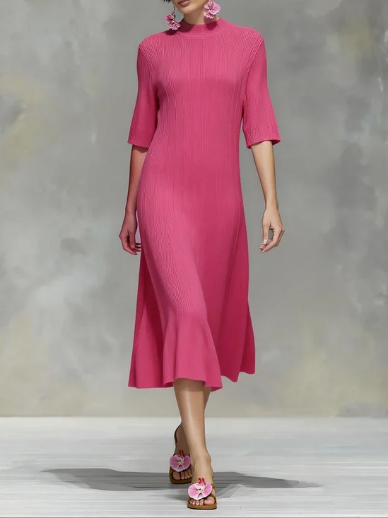 French Vintage Rose Pink Ribbed Knit Midi Dress