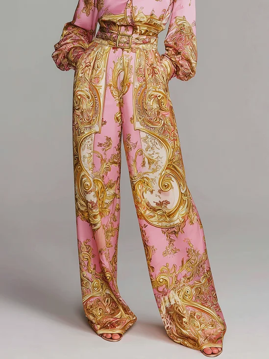 Elegant Geometric Printing Straight Pants Belt