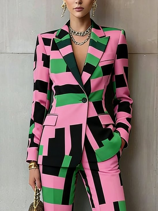 Elegant Printing Geometric Lapel Collar Blazer