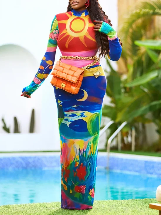 Elegant Random Print Printing Stand Collar Maxi Dress