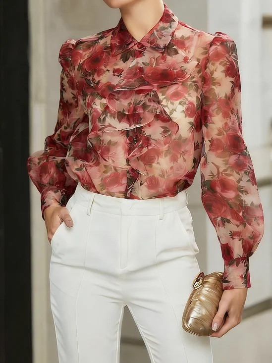French Romantic Ruffle Rose Print Long Sleeve Blouse