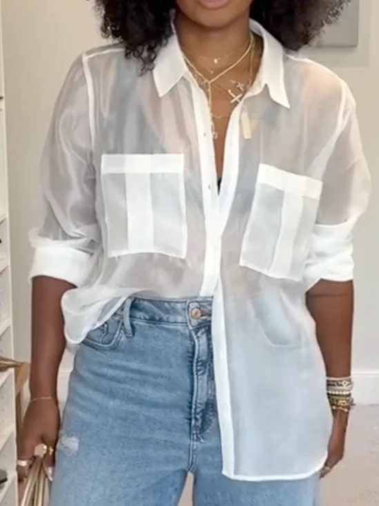 Casual Plain Buttoned Shirt Collar Shirt