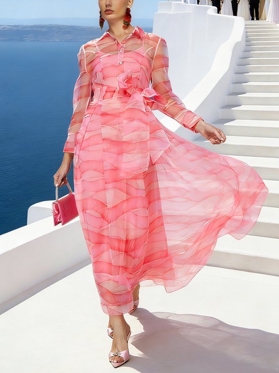 Elegant Herringbone Print Belted Long Shirt Dress