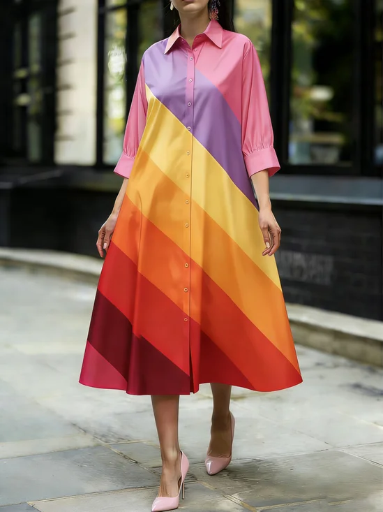 Urban Colorblock Printing Shirt Collar Midi Dress