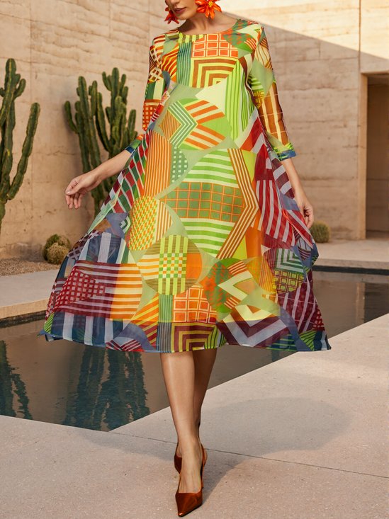 Vibrant Geometric Print Sheer Mesh Midi Dress
