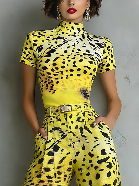 Casual Leopard Printing Turtleneck T-shirt