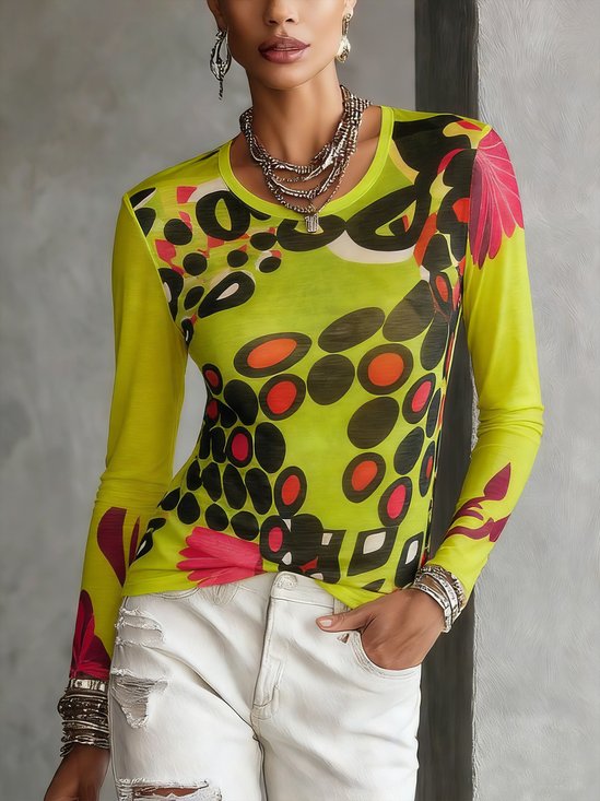 Casual Abstract Polka Dot High-Stretch Long Sleeve Tee