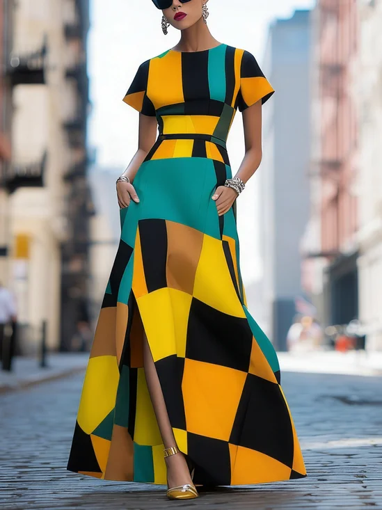 Urban Abstract Graphic Printing Crew Neck Maxi Dress