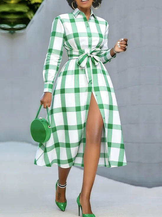 Urban Plaid Shirt Collar Midi Dress With Belt