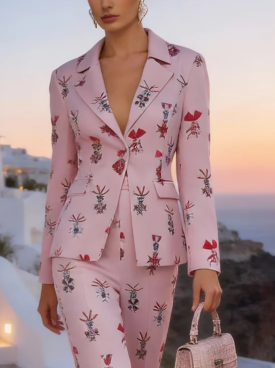 Elegant 3D Print Lapel Collar Tailored Blazer