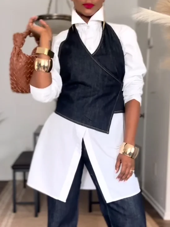 Casual Plain V Neck Denim Vest