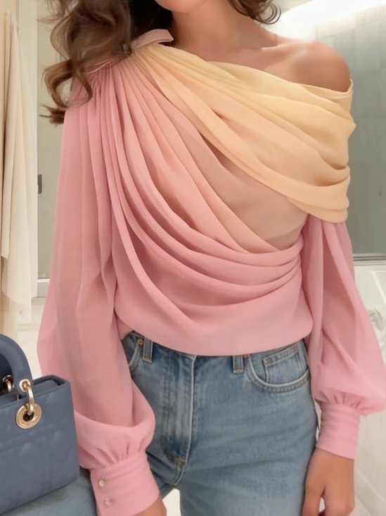 Elegant Ombre Printing Ruched Cold Shoulder Blouse
