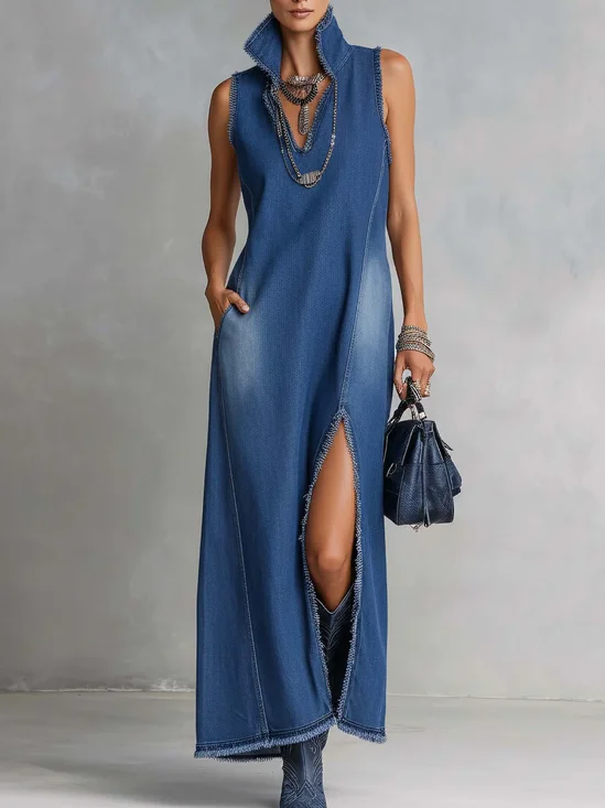 Casual Plain Slit Shirt Collar Maxi Denim Dress