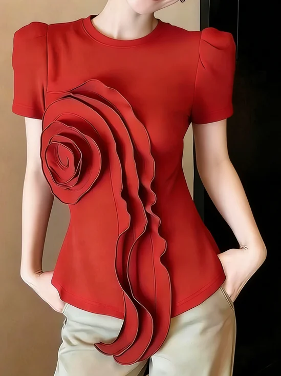 Elegant Plain 3D Floral Crew Neck Blouse