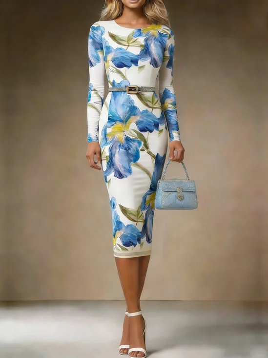 Elegant Floral Crew Neck Midi Dress No Belt