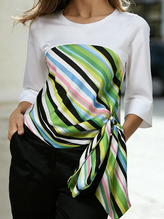 Urban Striped Split Joint Crew Neck Blouse