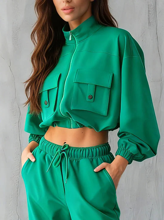 Casual Zipper Plain Stand Collar Jacket