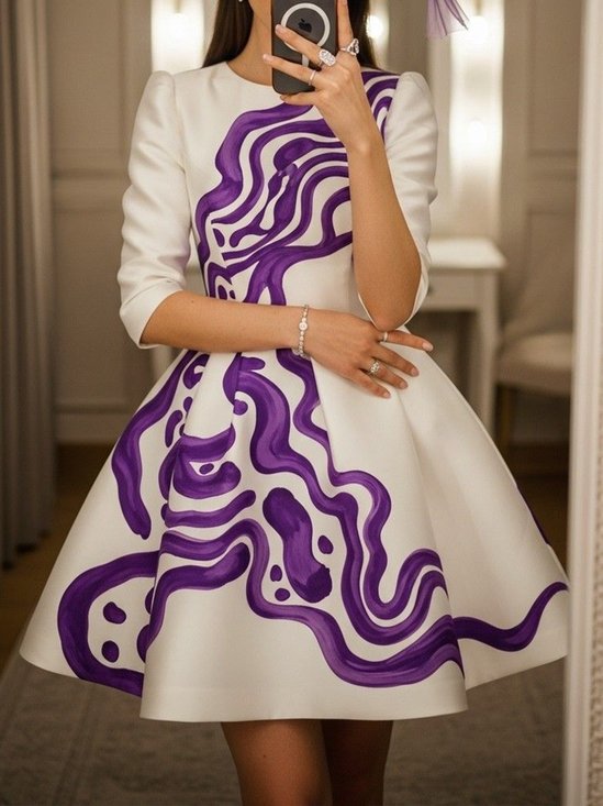 Elegant Abstract Printing Crew Neck Mini Dress