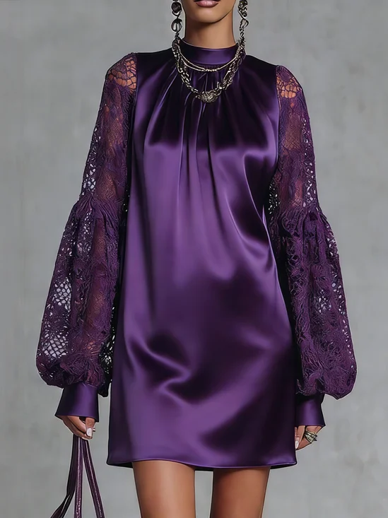 Elegant Plain Lace Satin Stand Collar Mini Dress
