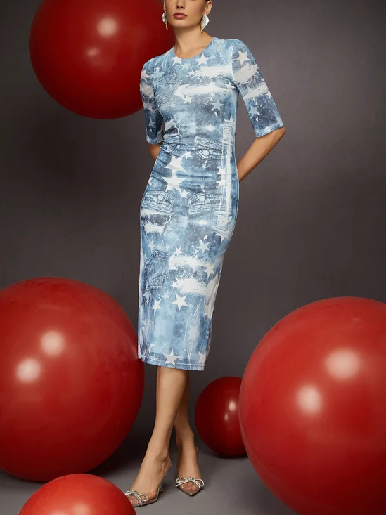 Casual 3D Print Crew Neck Knee-Length Shift Dress