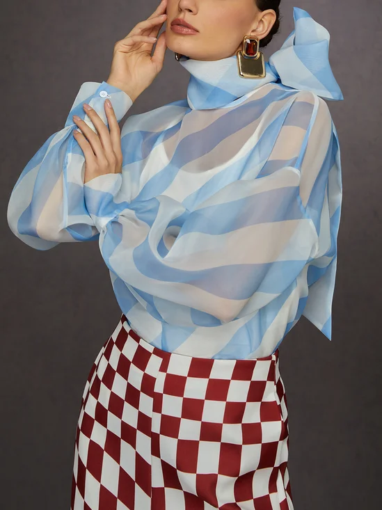 Urban Sheer Striped Blouse with Bow Tie Neck