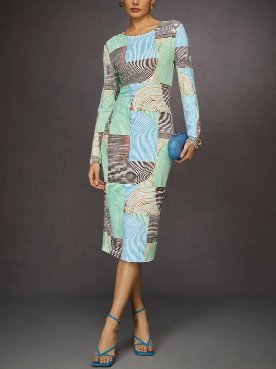 Urban Colorblock Geometric Print Long Sleeve Dress