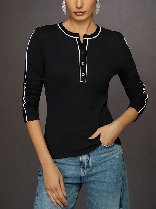 Contrast Trim High-Stretch Button Front Layering Tee
