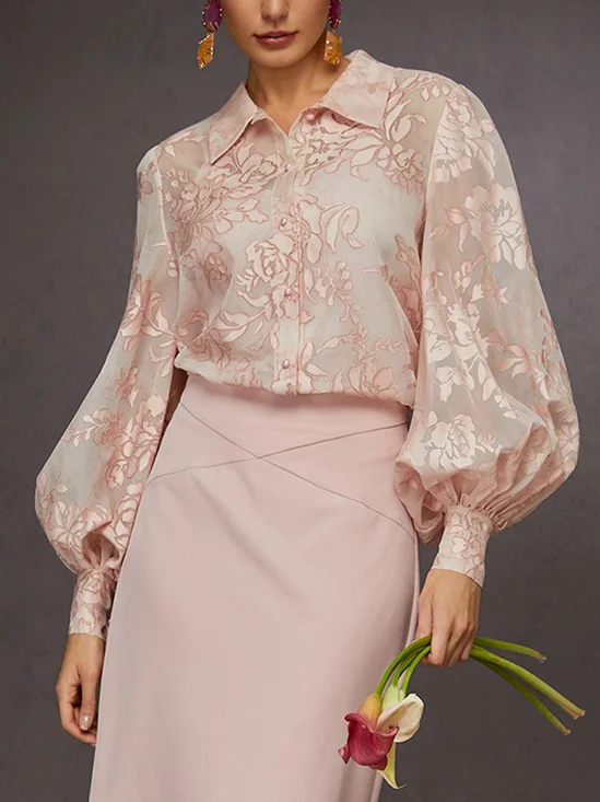 Elegant Jacquard Lantern Sleeve Button-Down Shirt