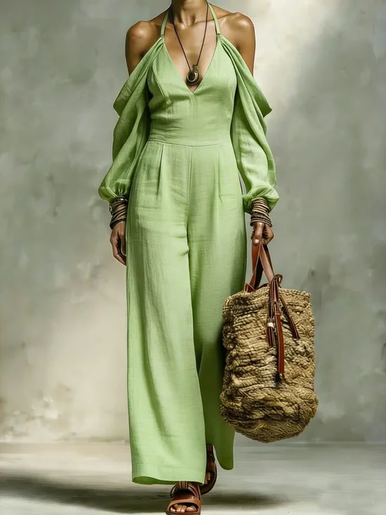 Cotton And Linen Vacation Off Shoulder Sleeve Plain Halter Jumpsuit