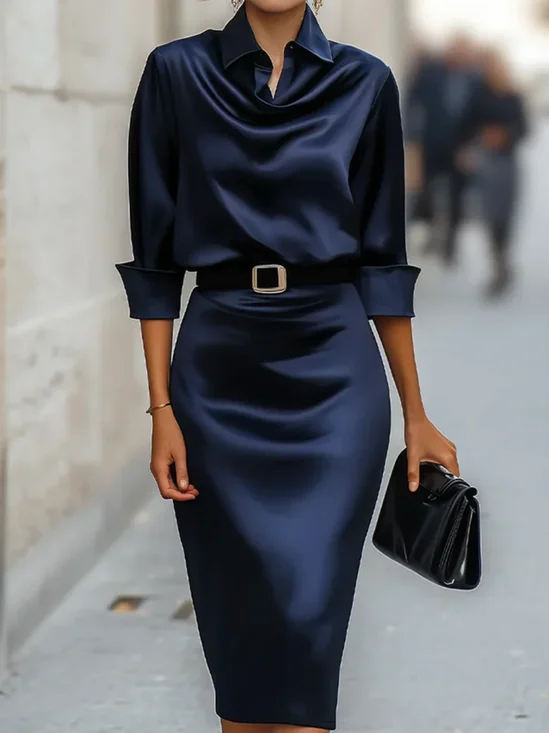 Plus Size Regular Fit Shirt Collar Elegant Dress With Belt