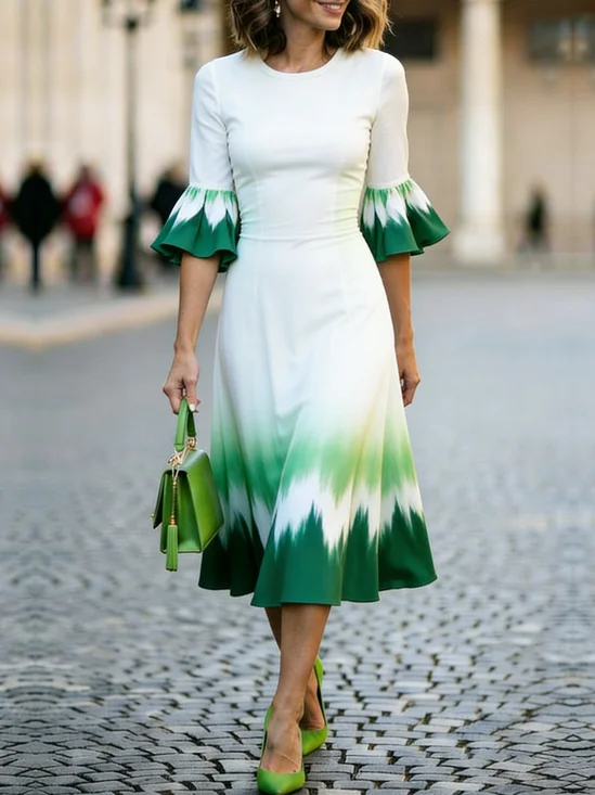 Elegant Tie-Dye Pattern Bell Sleeve Printing Crew Neck Midi Dress