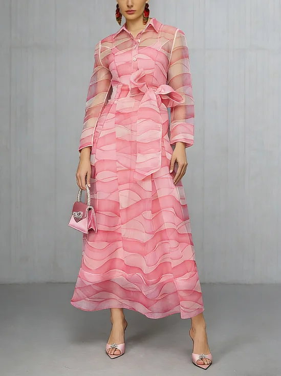 Elegant Herringbone Print Belted Long Shirt Dress