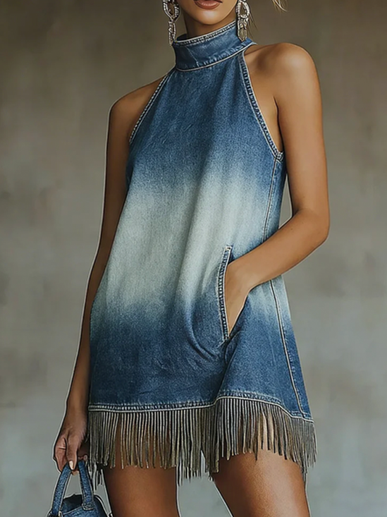Casual Plain Tassel Stand Collar Denim Mini Dress