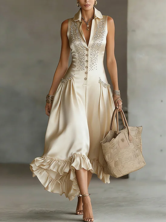 Elegant Plain Hot Drilling Shirt Collar Maxi Dress