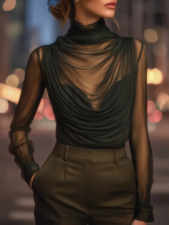 Plus Size Elegant Plain Ruched Turtleneck Blouse