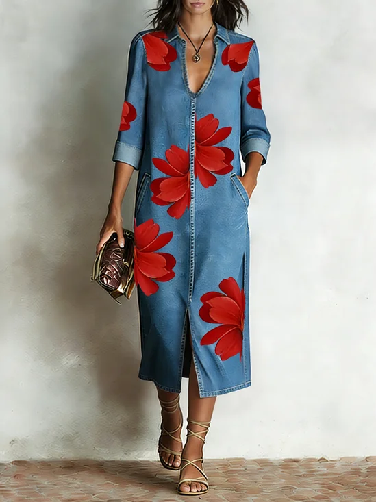 Casual Floral Printing Shawl Collar Midi Dress