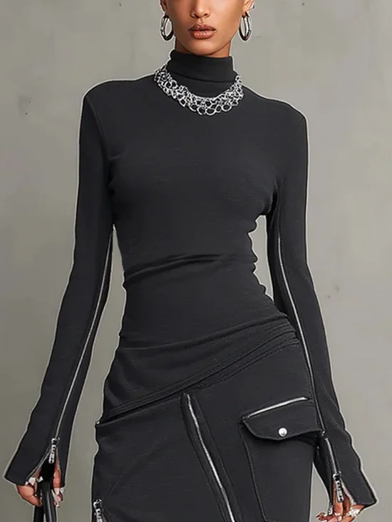 Plus Size Urban Plain Zipper Mock Neck T-shirt